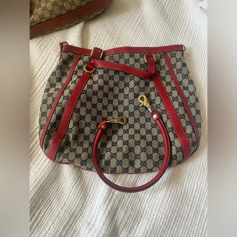 GUCCI Red & Blue GG Canvas and Leather Abbey Two Way Hobo Bag
